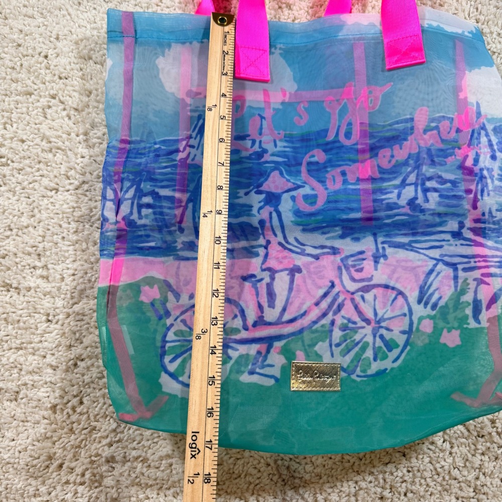 Lilly Pulitzer Mesh Beach Tote Bag Blue Pink Let's Go Somewhere Bicycle Preppy - Picture 6 of 8